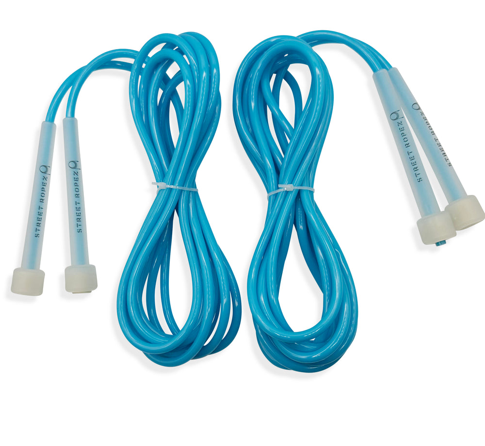 Vinyl tube jump rope with sparkly pom-poms, blue and Silver, spinning  handles