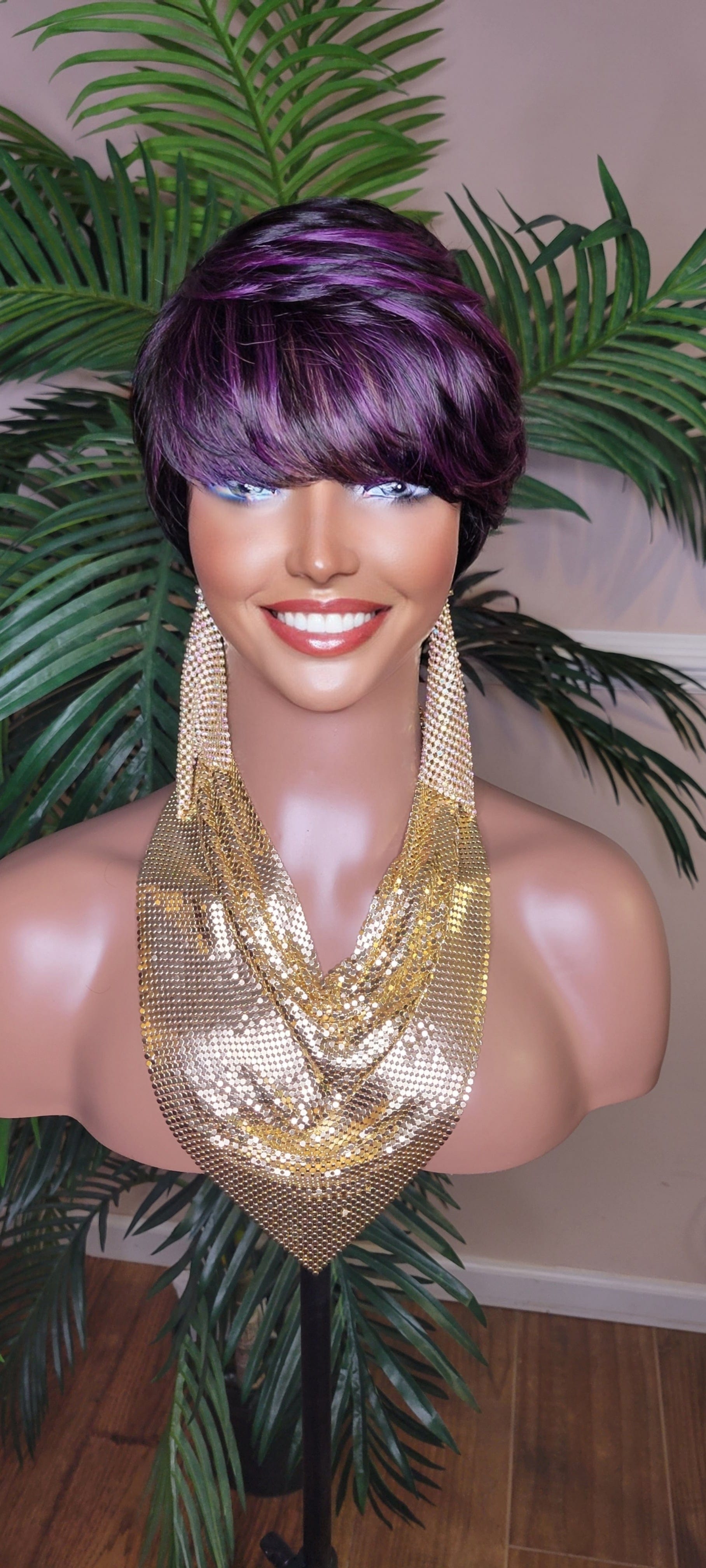 Purple Hair Wig Swoop Bang Pixie Cut Remy 100 Human Hair Wig Short Ha Beauty Blessing Wigs 5348