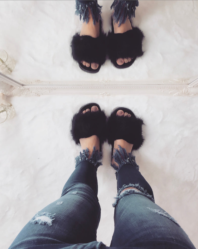 black fur sliders