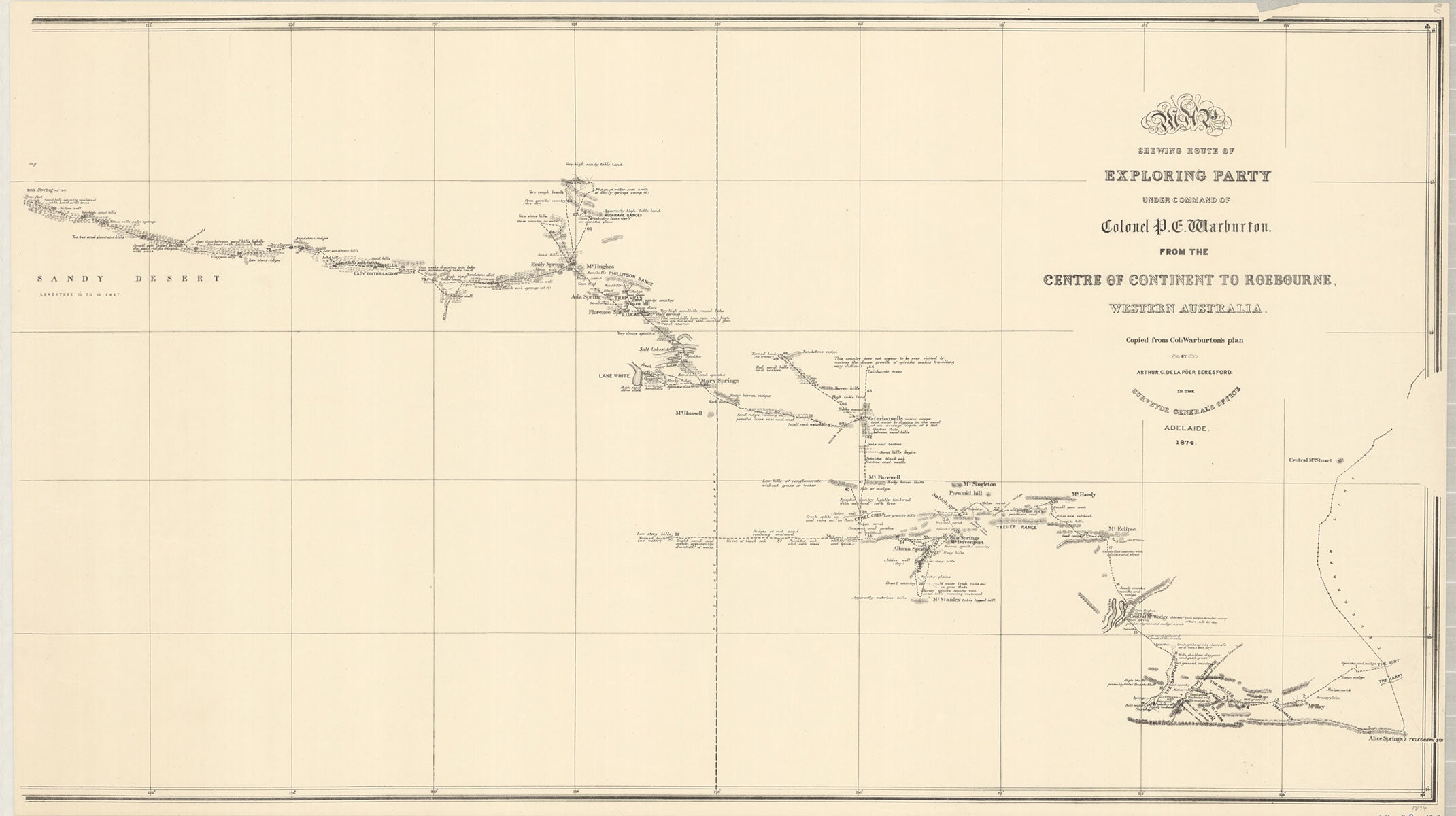 BERESFORD 1874 - Map showing route of exploring party under command of Colonel P.E. Warburton 