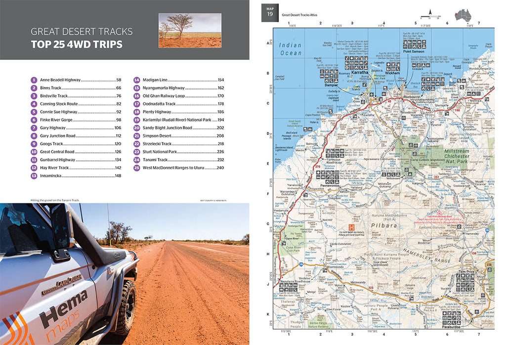 Great Desert Tracks Atlas & Guide from Hema Maps top 25 4WD trips plus full page map on pg 19