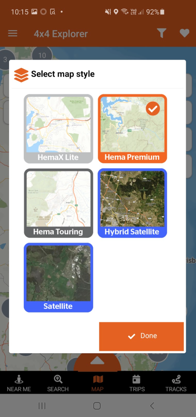 The 4x4 Explorer App has five map style options.
