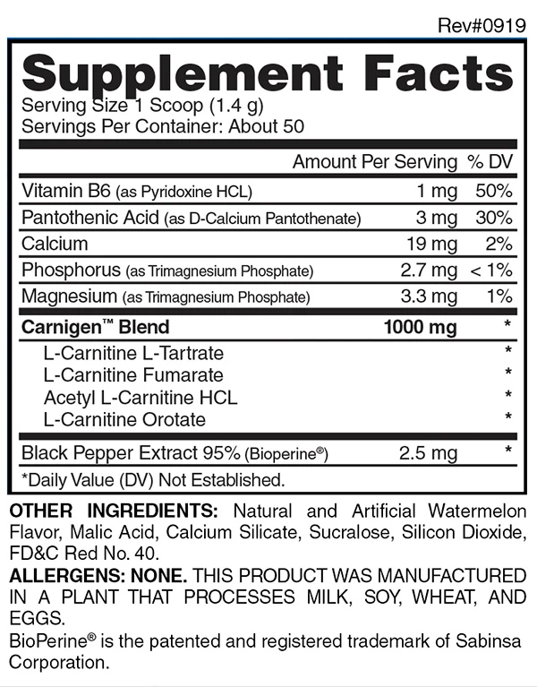 Carnigen 50 Serv Supplement Facts