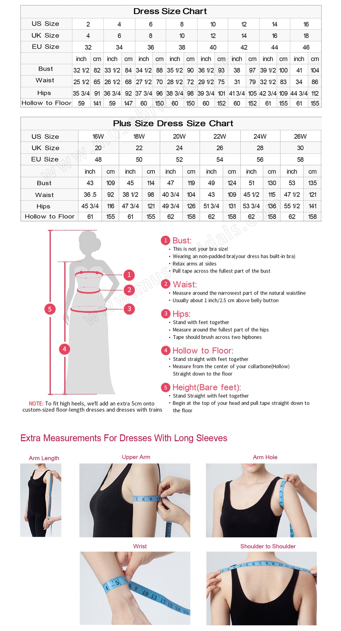 Musebridals.com measurement guide and size chart for prom dresses, wedding dresses