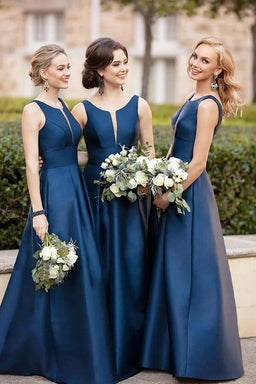 Navy Blue Satin A-line V-neck Bridesmaid Dresses, Wedding Party Dresses, MBD178 | simple bridesmaid dresses | wedding guest dresses | budget bridesmaid dresses | musebridals.com