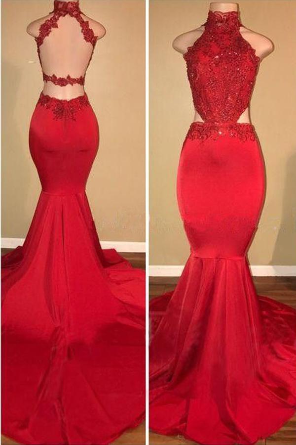 Red Lace Halter Mermaid Long Prom Dress With Train, Formal Dresses ...