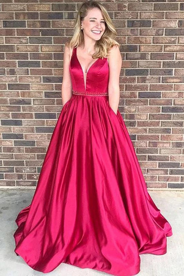 Fabulous Red Satin A line V Neck Long Prom Dress Evening Dresses, MP210 ...