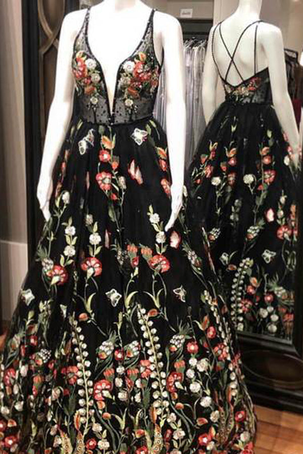 Spaghetti Strap Black Prom Dresses Floral Formal Dress,MP466 – Musebridals