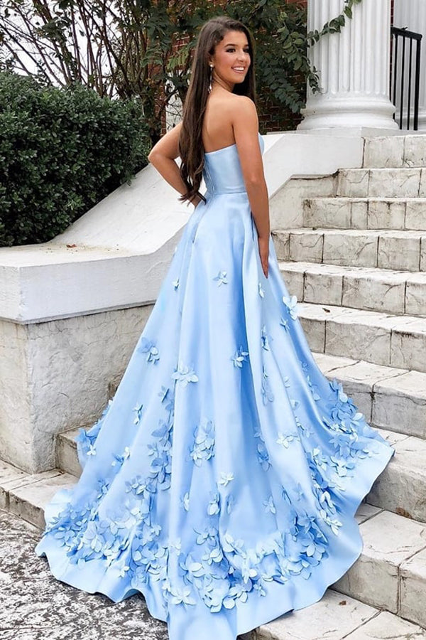 Satin Sweetheart Sky Blue A Line Long Prom Dresses With 3d Floral Appl Musebridals 1848