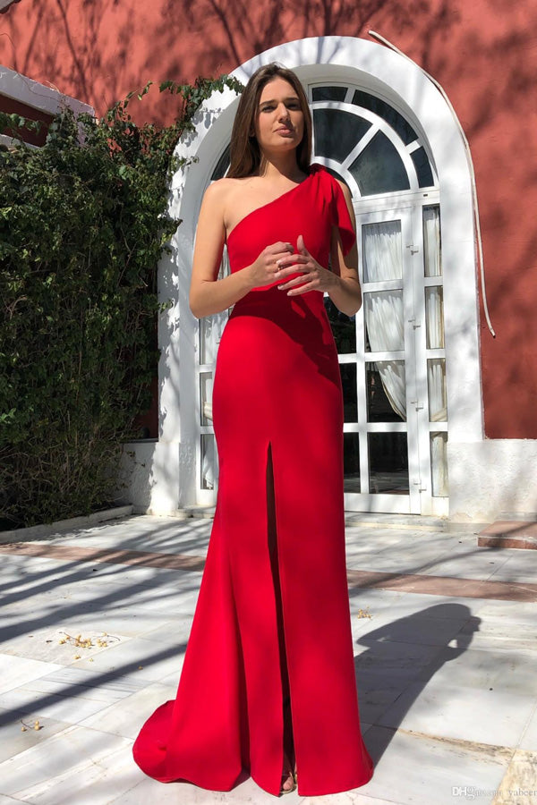 Single Shoulder Red Satin High Slit Prom Gowns Unique Designed Mermaid ...