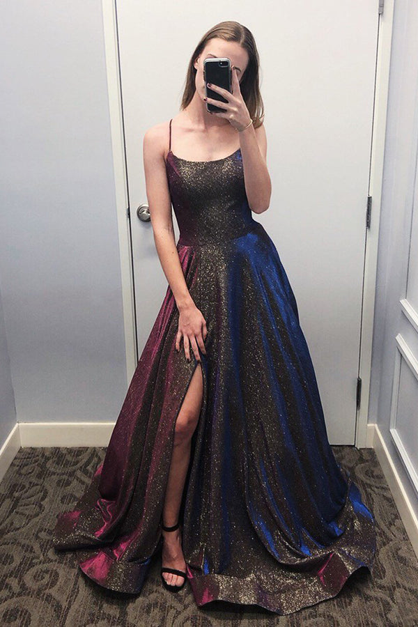 Sparkly Ball Gown Scoop Spaghetti Straps Slit Prom Dresses, Unique Party Dresses with Pockets,MP513