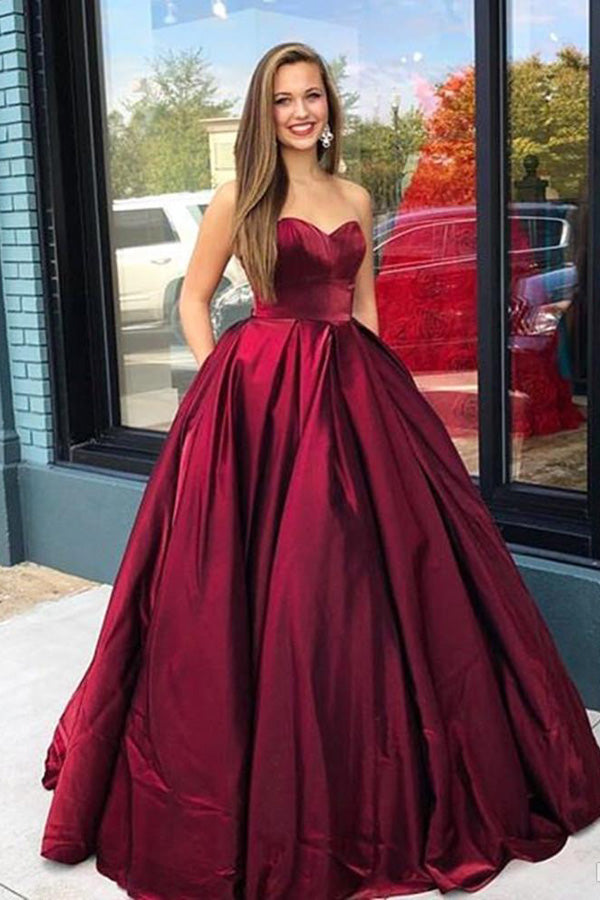Sweetheart Dark Red Satin Long Prom Dresses with Pockets, Gown Dresses