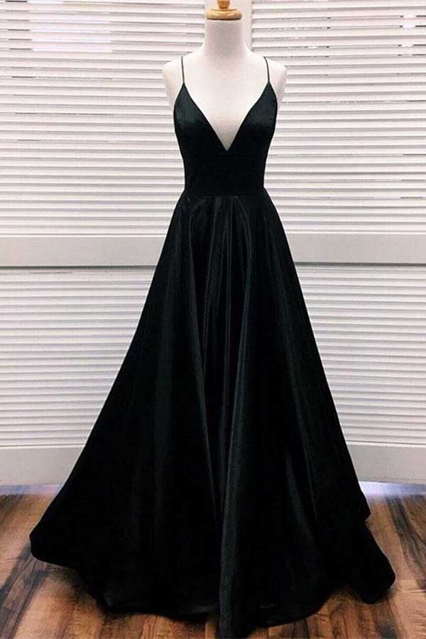 Elegant A-line V-neck Spaghetti Straps Black Satin Long Prom Dresses,P ...