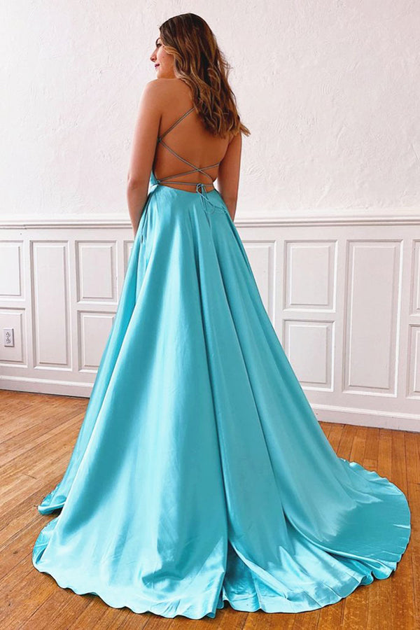 Simple Satin V Neck Spaghetti Straps Lace A Line Long Prom Dress With Musebridals 6079