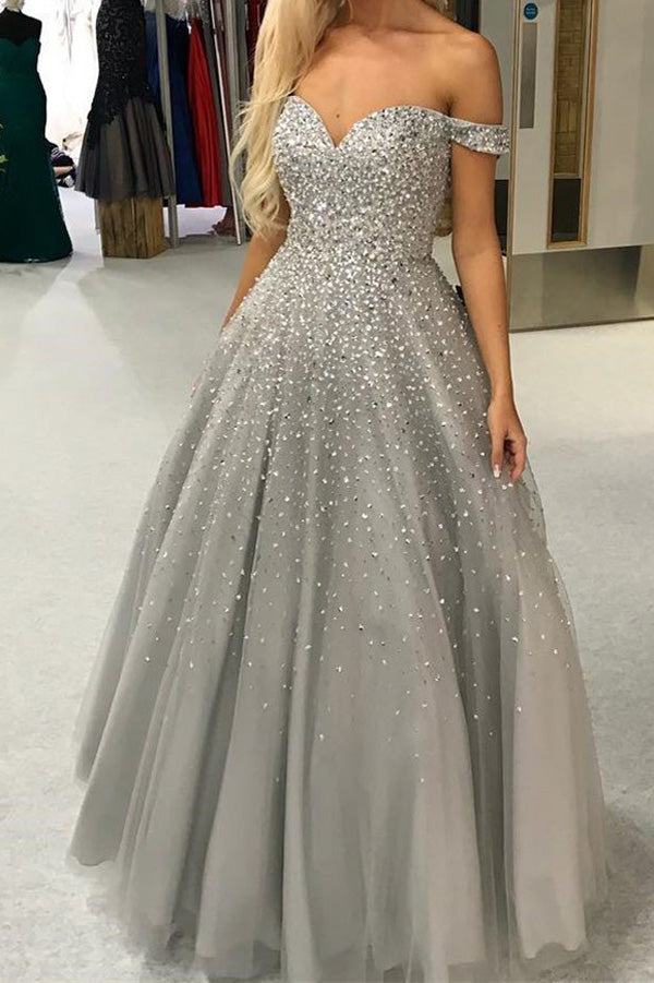 Gorgeous Ball Gown Off the Shoulder Open Back Grey Long Prom Dresses w ...