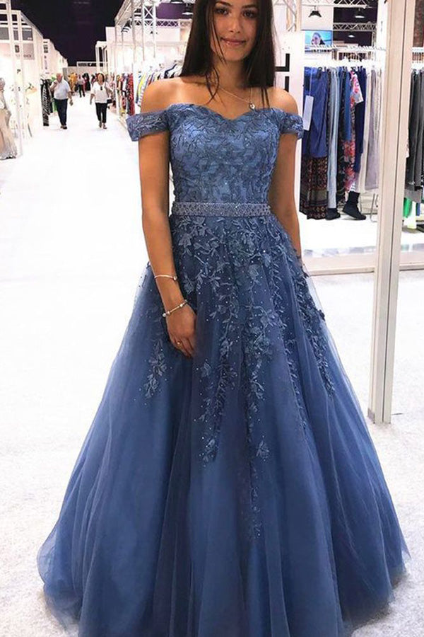 Charming Ball Gown Off the Shoulder Lace Tulle Long Prom Dresses with ...