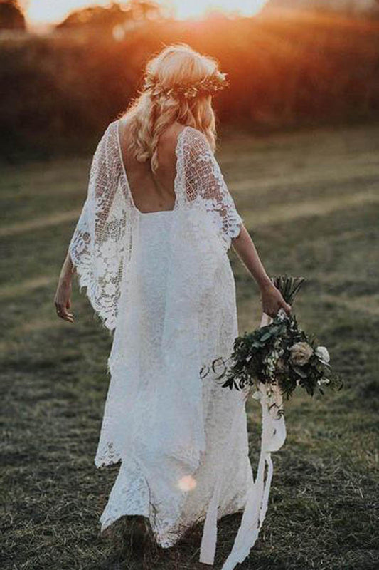 Sweetheart Neck Lace Beach Ivory Rustic Boho Wedding Dresses,MW267 –  Musebridals