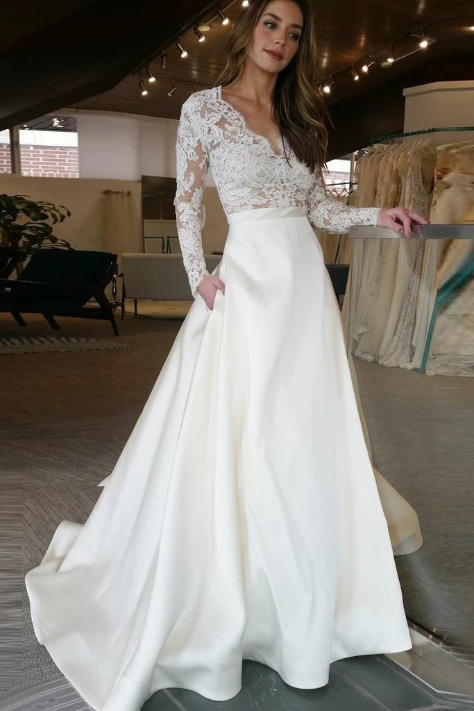 Elegant A-line V-neck Long Sleeves White Floor-length Wedding Dress Wi ...