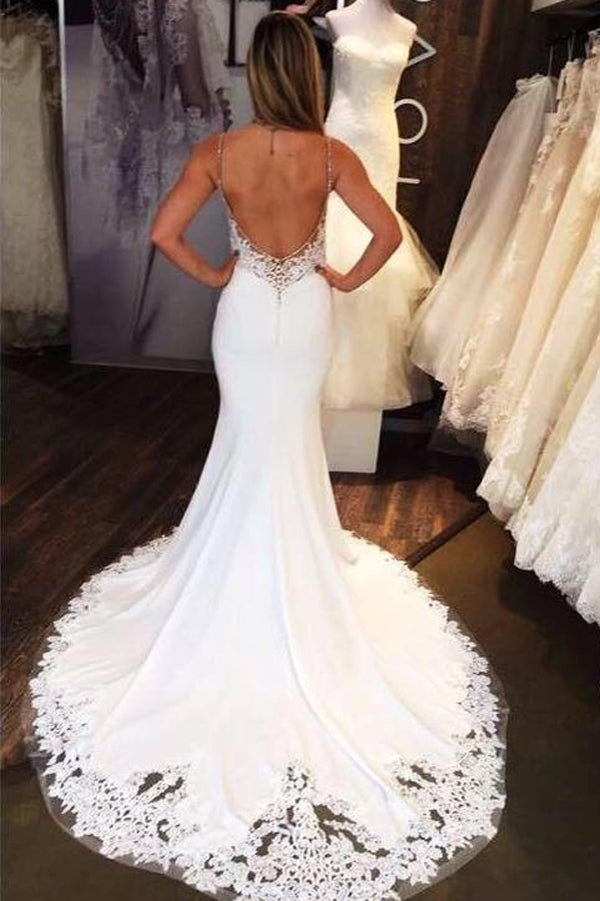 Charming Mermaid Sweetheart Open Back White Lace Long Wedding Dresses ...