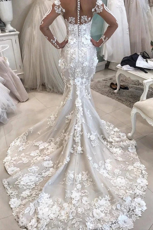 Mermaid Detachable Train Long Sleeves Scoop Wedding Dresses With Appli Musebridals 2773