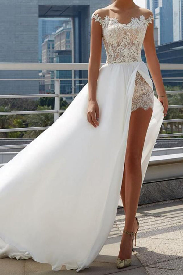 Cheap Off the Shoulder See Through Wedding Dresses Side Slit A-line Br ...