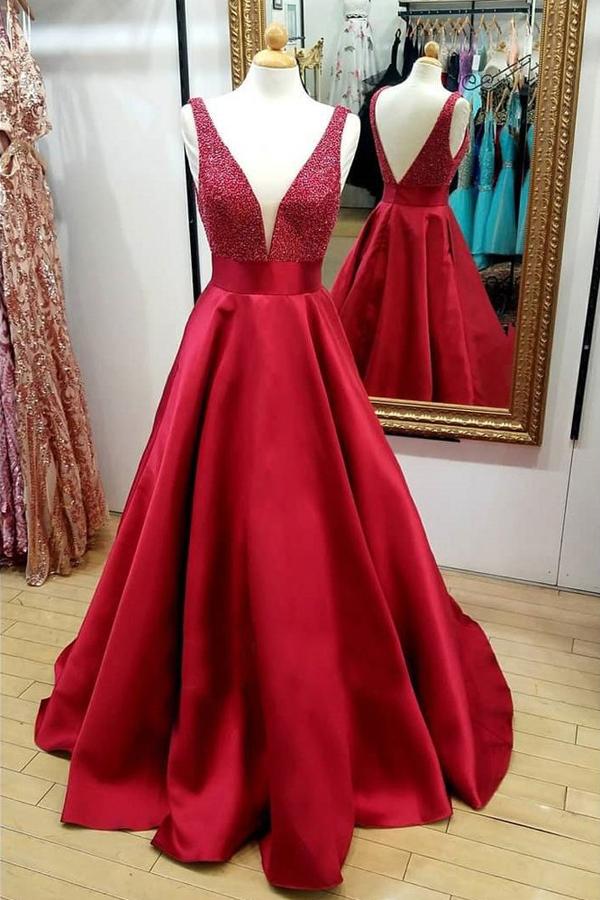 Red A Line V-Neck Beaded Backless Quinceanera Dresses Cheap Long Prom ...