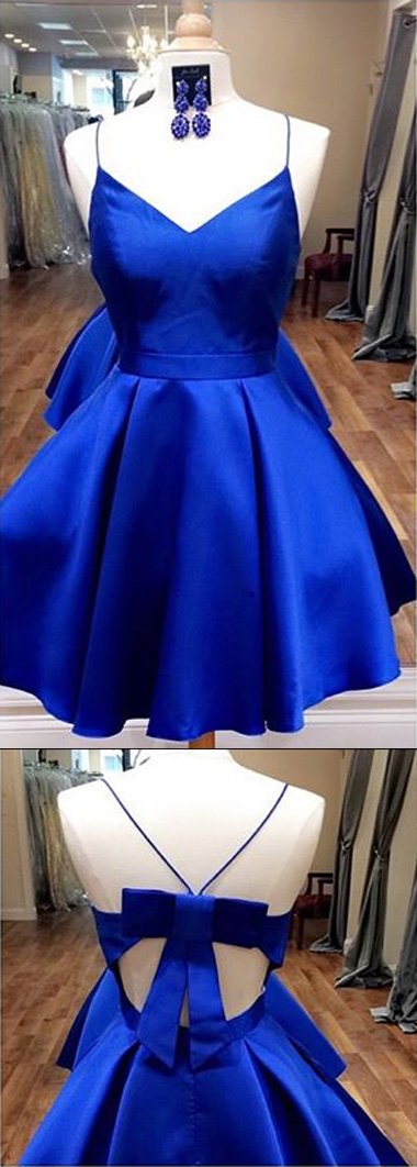 Royal Blue Spaghetti Straps V neck Homecoming Dresses with Ribbon, MH3 ...