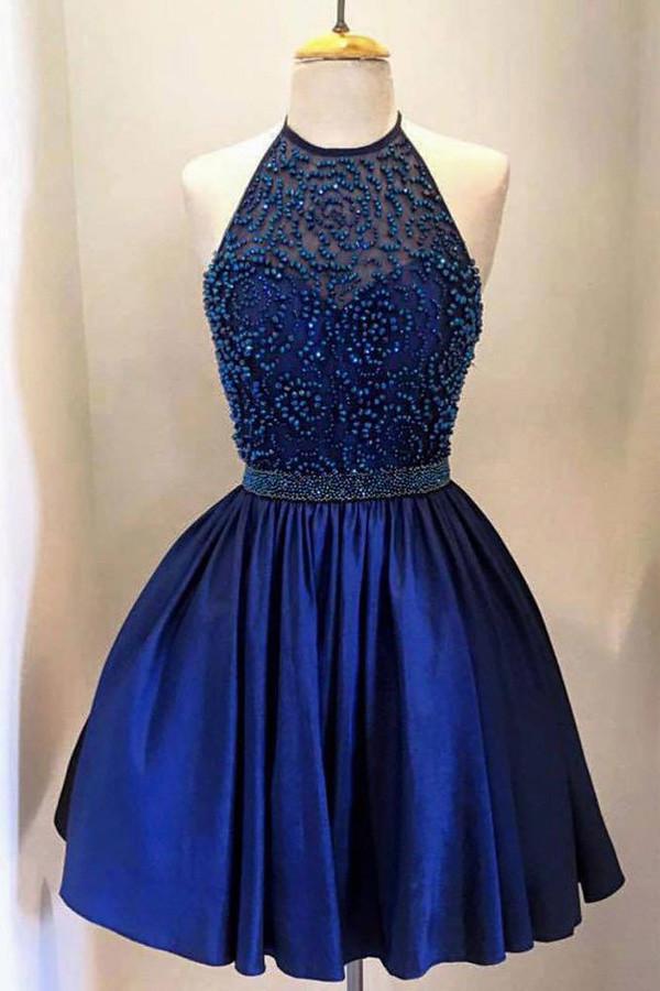 Royal Blue Taffeta High Neck Beaded Halter Homecoming Dresses, MH312 ...