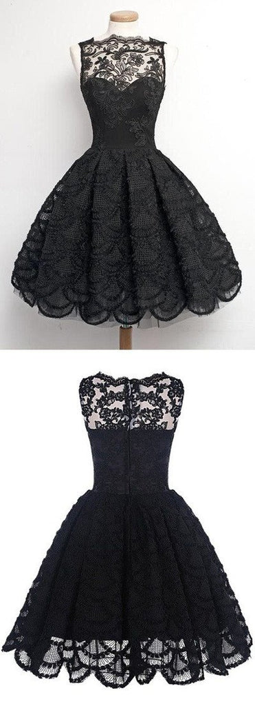 Black Lace A-Line Scalloped-Edge Vintage Homecoming Dress, Short Prom ...