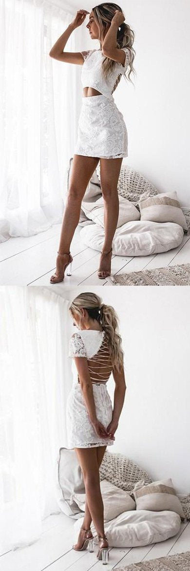 Cute Tight White Lace Lace-Up Back Short Sleeves Homecoming Dresses For ...