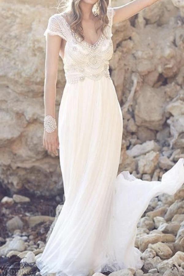 Fabulous Tulle Cap Sleeves Long Beach Wedding Dress with Lace, MW146 ...