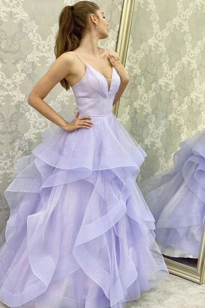 Lavender Modest Tulle Pearl Spaghetti Straps Long Prom Dress With Slit Musebridals 