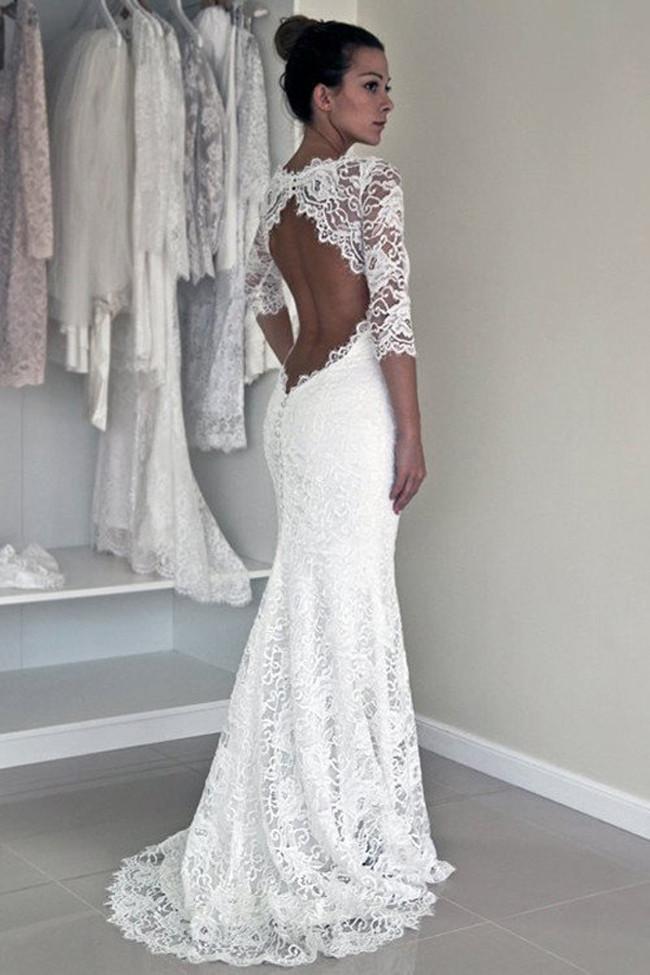 White Lace Open Back Long Sleeve Mermaid Long Wedding Dresses Mw187