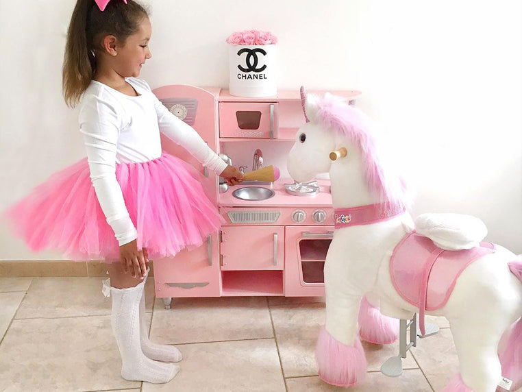 Kids can play with PonyCycle ride on unicorn interactively. Kids like play pretend game, they can feed the pony, the unicorn, as well as dress up the  pony toy.