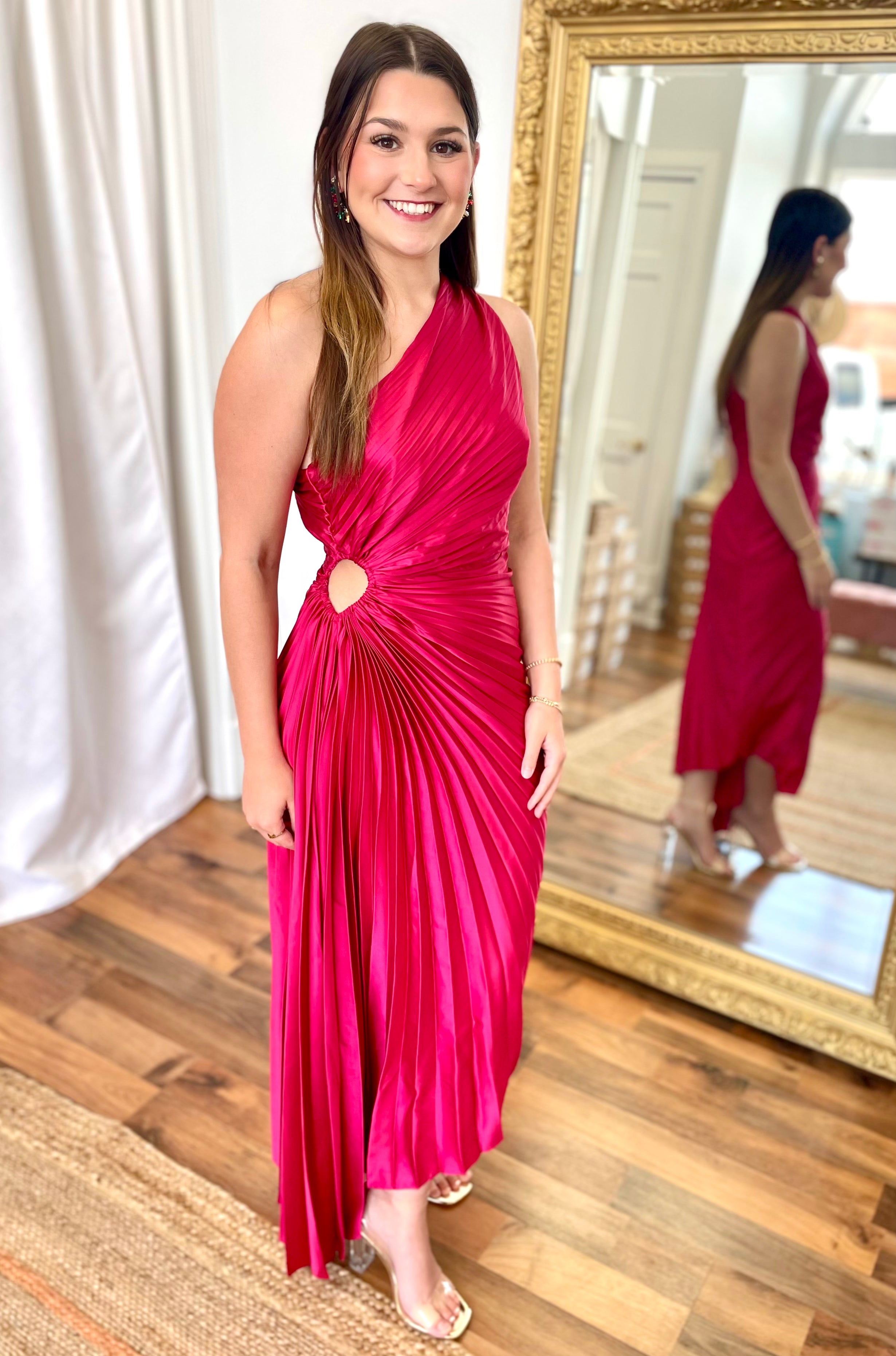 Olympia Asymmetrical Pleated Maxi Dress-Pink