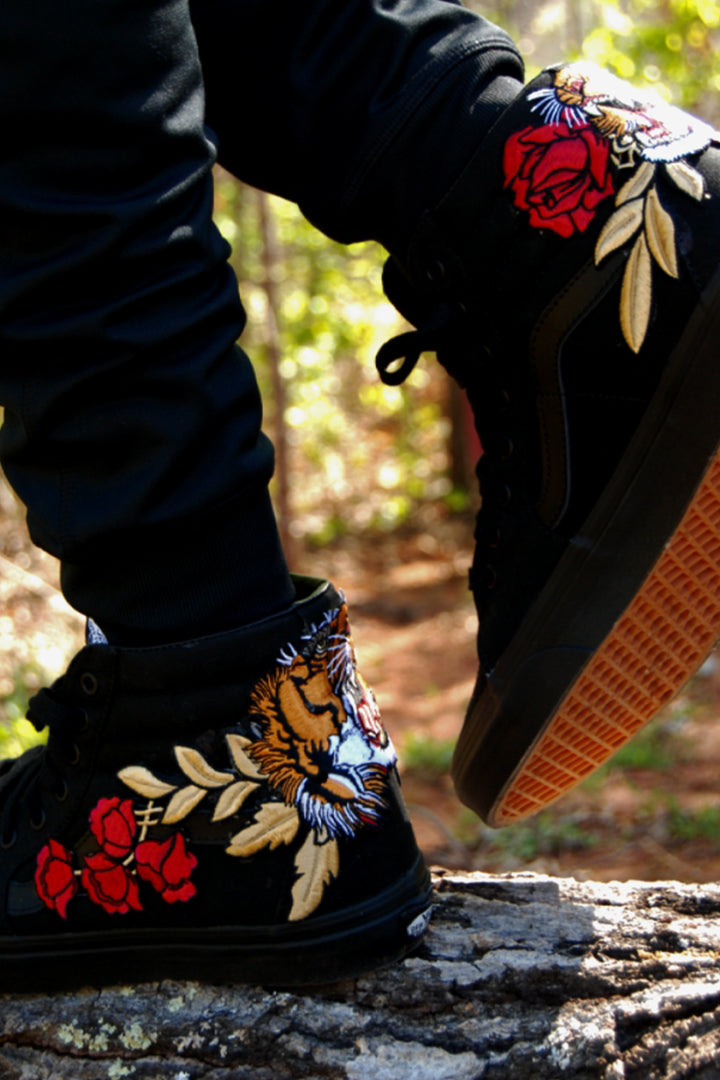 Embroidered Tiger Rose Vans Black Sneakers Shoes –