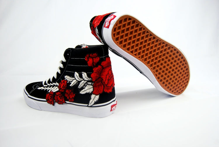 rose embroidered vans black