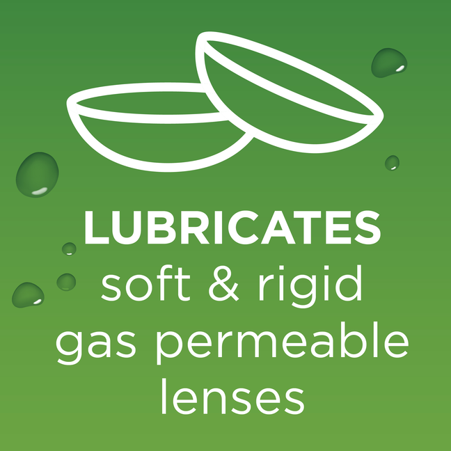 Icon of two contacts with the words lubricates soft & rigid gas permeable lenses