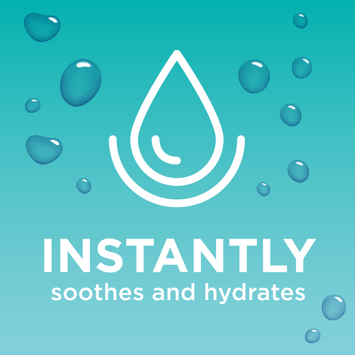 Icon of a droplet over a curved line with the words instantly soothes and hydrates below 