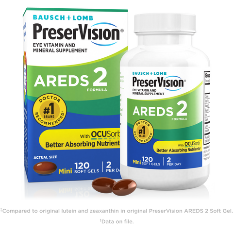 Bottle and Package of PreserVision® AREDS 2 Formula + Multivitamin Supplement 120 Count with two vitamins at the base  