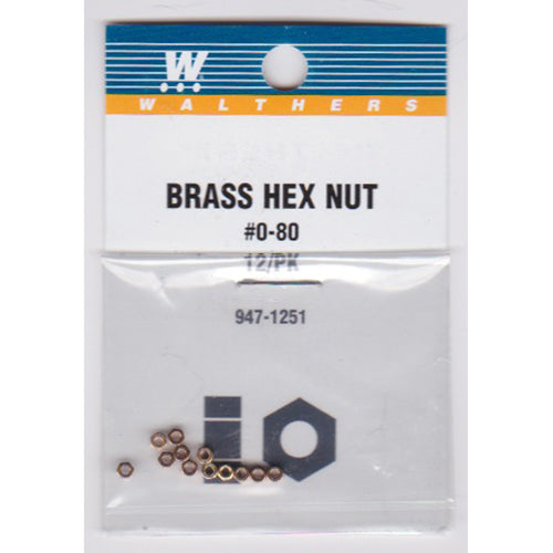 Walthers 947-1251 #0-80 Brass Hex Nuts 0.050 x 3/32