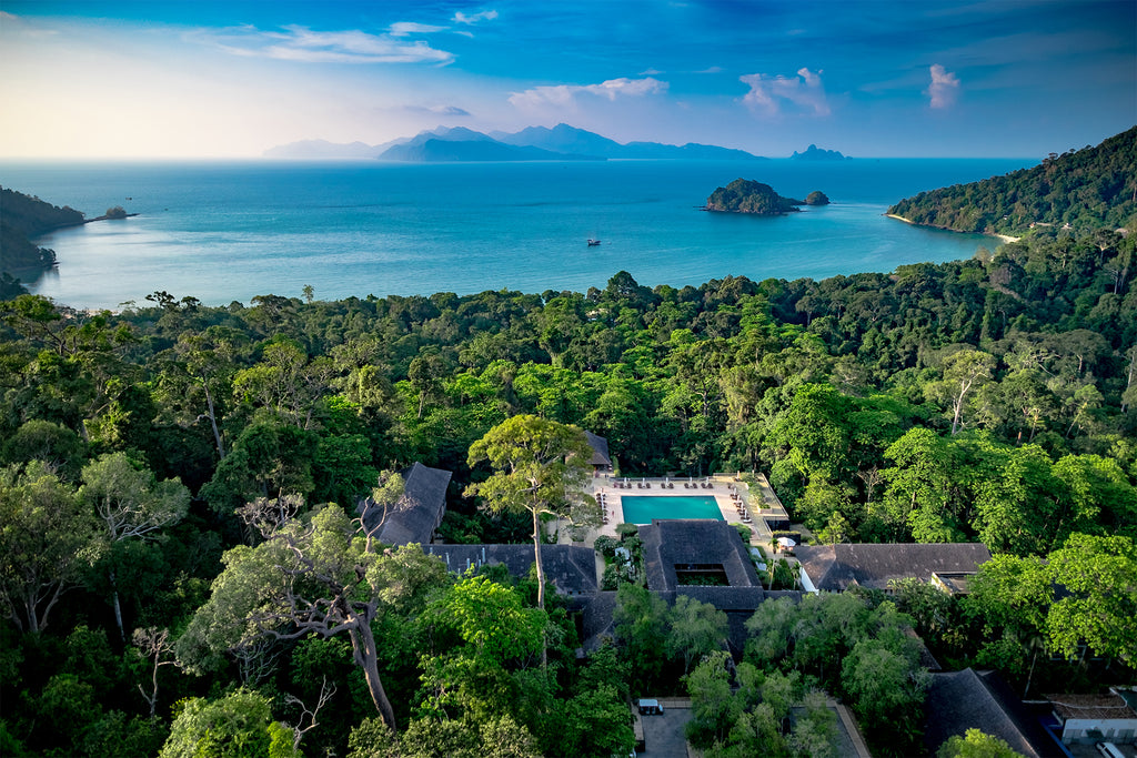 aerial view of The Datai Langkawi, looking out to the coastline