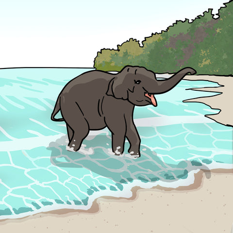 illustration of an elephant in the sea, off a beach in Swaraj Dweep