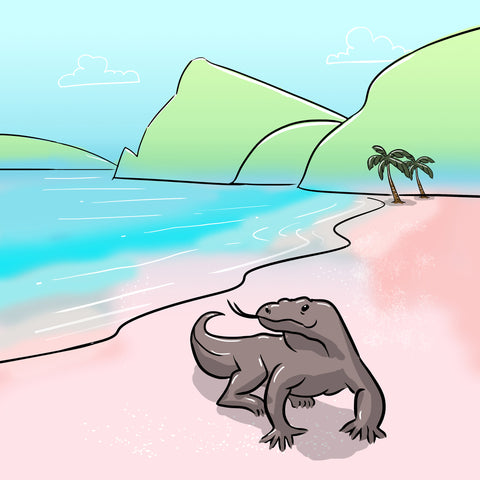 Illustration of a Komodo dragon on the pink sand beach of Komodo island, Indonesia