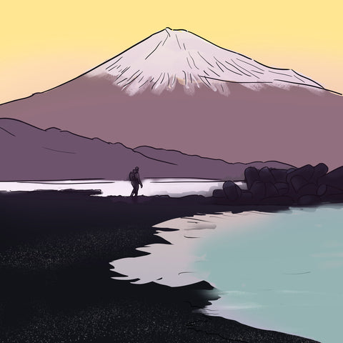 Illustration of the long strip of black volcanic sand, on the Miho Peninsula in Japan, with Mount Fuji in the background
