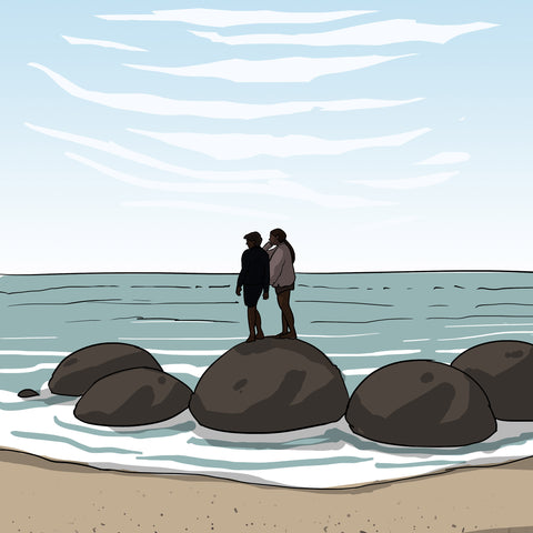 Illustration of two people stood on the Moeraki Boulders at Koekohe Beach on New Zealand's South Island