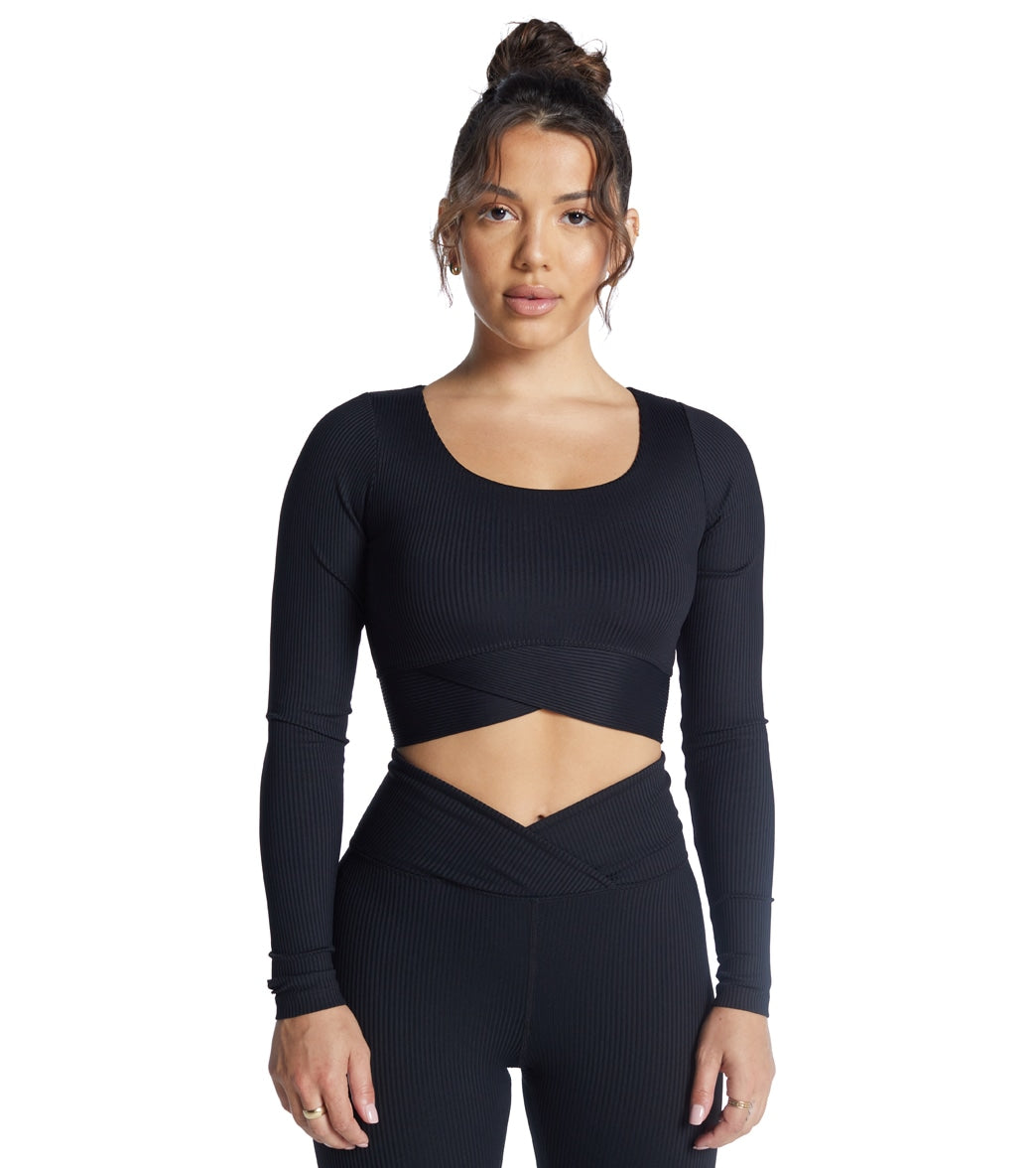 Year of Ours Ribbed V Crop Long Sleeve T-shirt - Black - Spandex