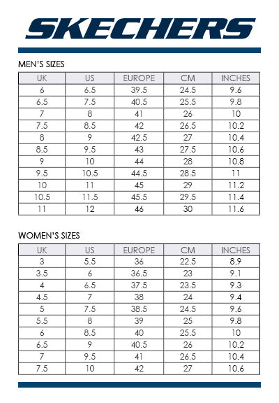 Skechers shoes size chart with measurements for Men and Women