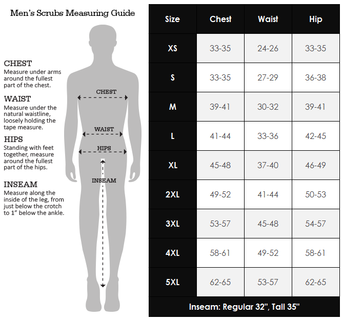 Dickies Men's Size Chart for Scrubs Australia