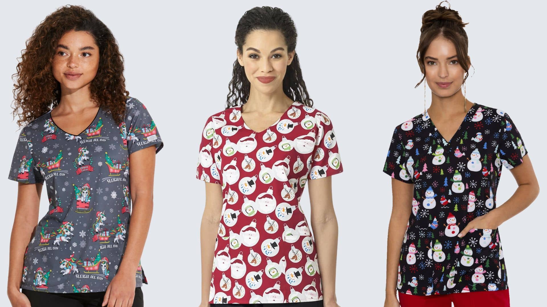 Nursing Scrubs with Fun Christmas Patterns. Christmas scrubs for nurses supplied by Infectious Clothing Company Australia